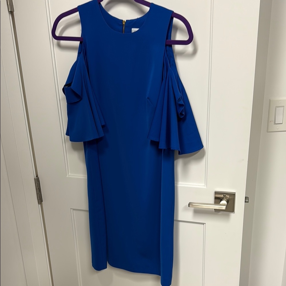 Calvin Klein Blue Ruffled Cold Shoulder Sheath Dress